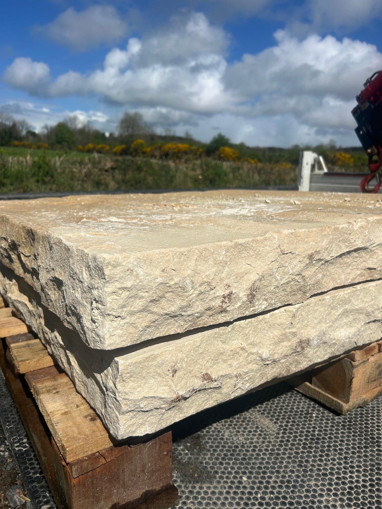 Tipperary Cream Sandstone Large 1000mm Pair of Flat Chiseled Pier Caps on pallet / free delivery Ireland
