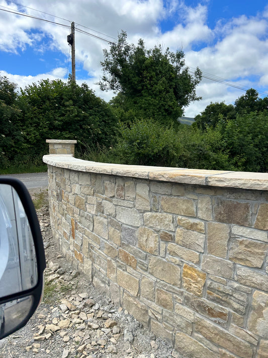 Tipperary Cream Sandstone Wall Capping 450mm Wide x 60mm x 5m on pallet/ Chiseled Edge / Free Delivery in Ireland