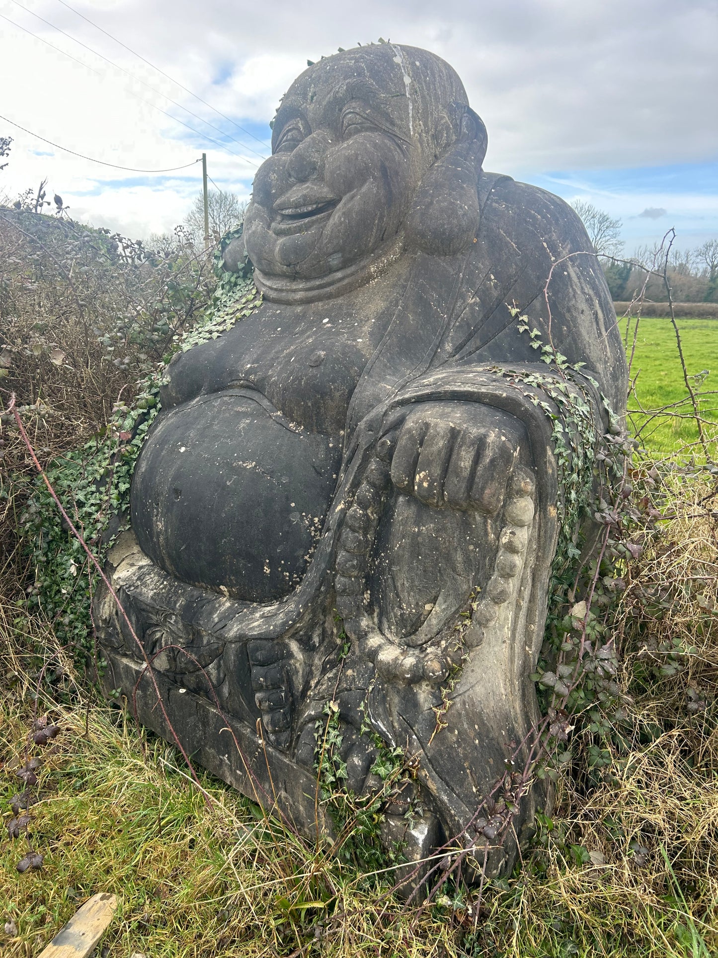 Attract Abundance , Happiness , Contentment into your life with the Large Happy Buddha Statue 2.2 m high x 8000 kilos in solid limestone natural stone / Free Delivery in Ireland
